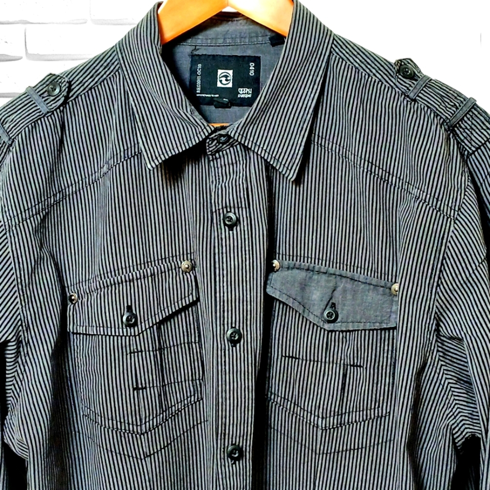Men's Ocean Current L/S Shirt, Size XL Black w/ Gray Stripe Cotton Front Pockets